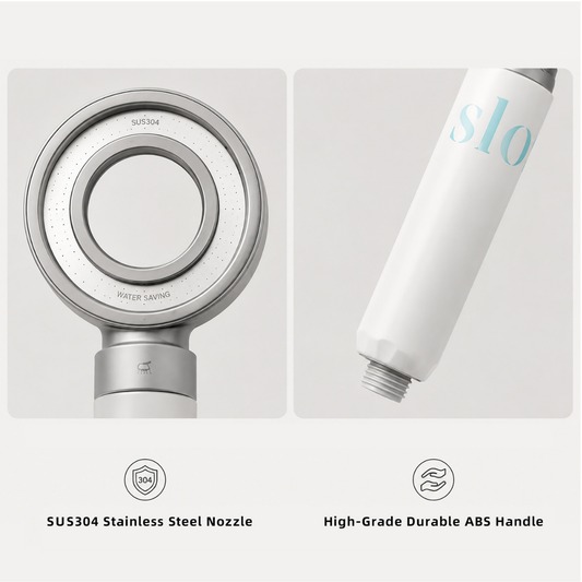 Stainless steel nozzle face with 304 markings and durable ABS shower handle