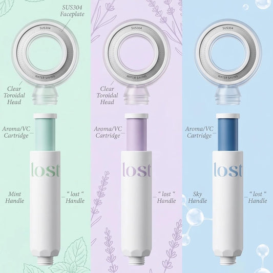 Three fragrance filter cartridges with mint, lavender, and sky colored sleeves