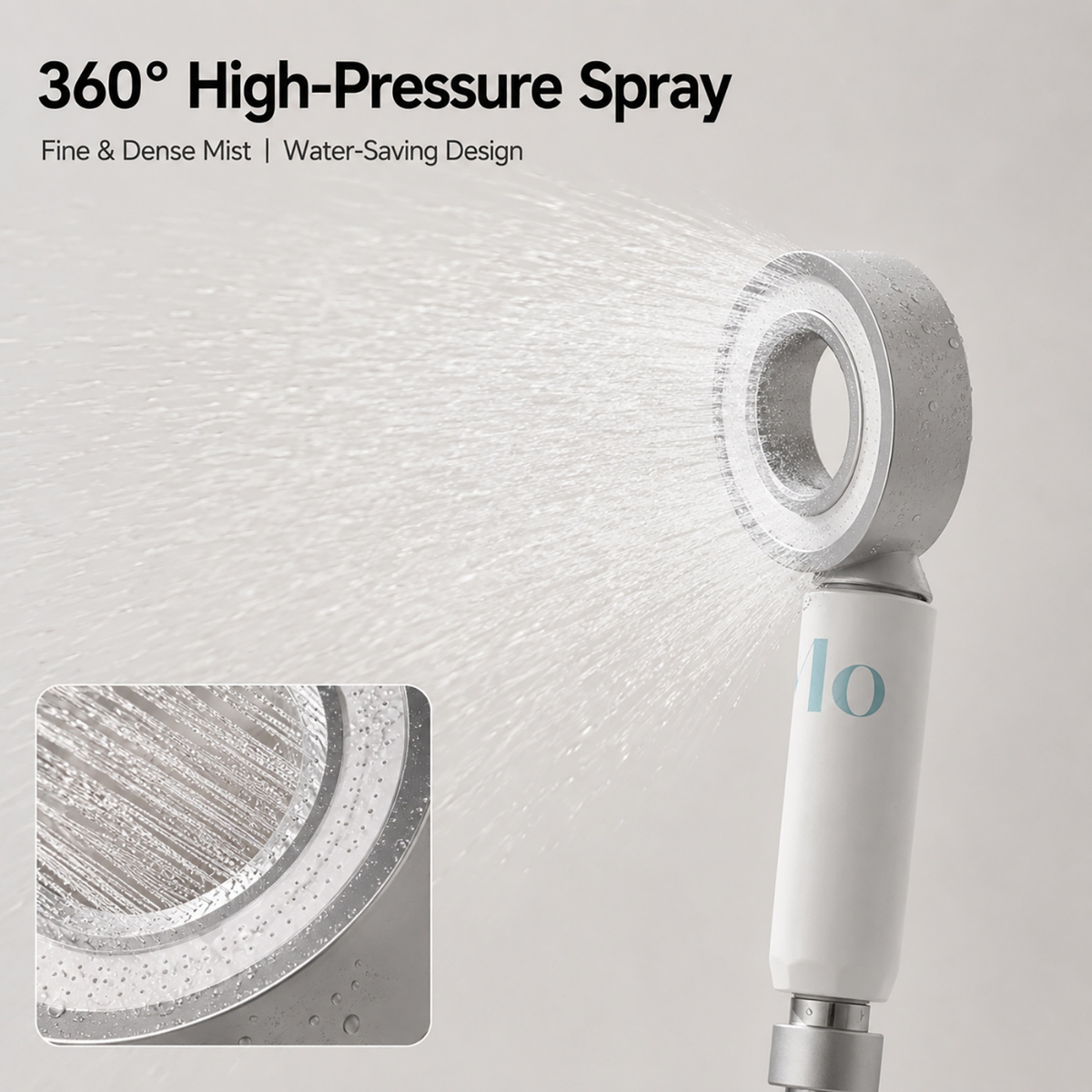 360° high-pressure spray shower head with circular nozzle and mist stream