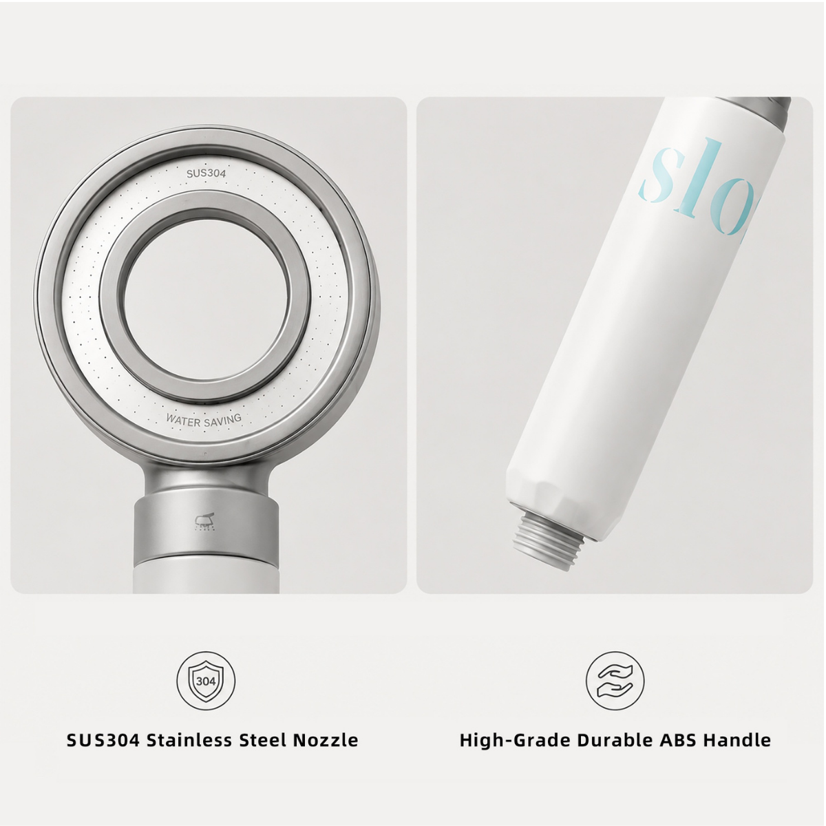 Stainless steel nozzle face with 304 markings and durable ABS shower handle